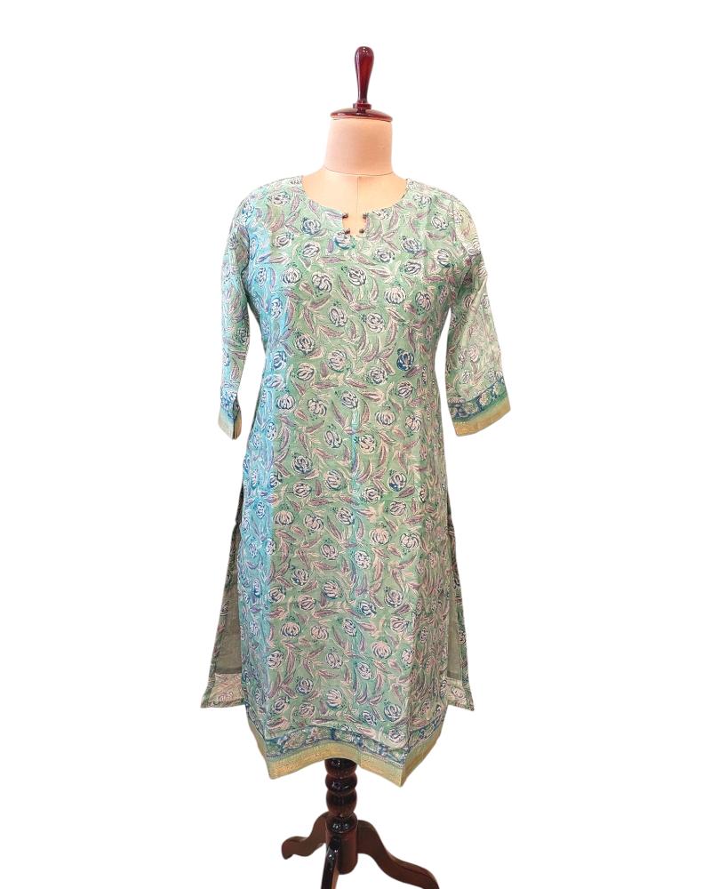 Pastel Mint green floral print Chanderi silk kurta