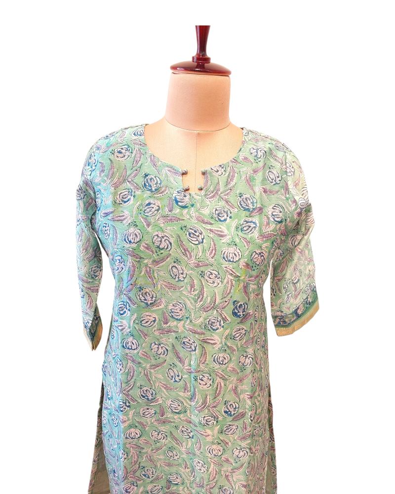 Pastel Mint green floral print Chanderi silk kurta