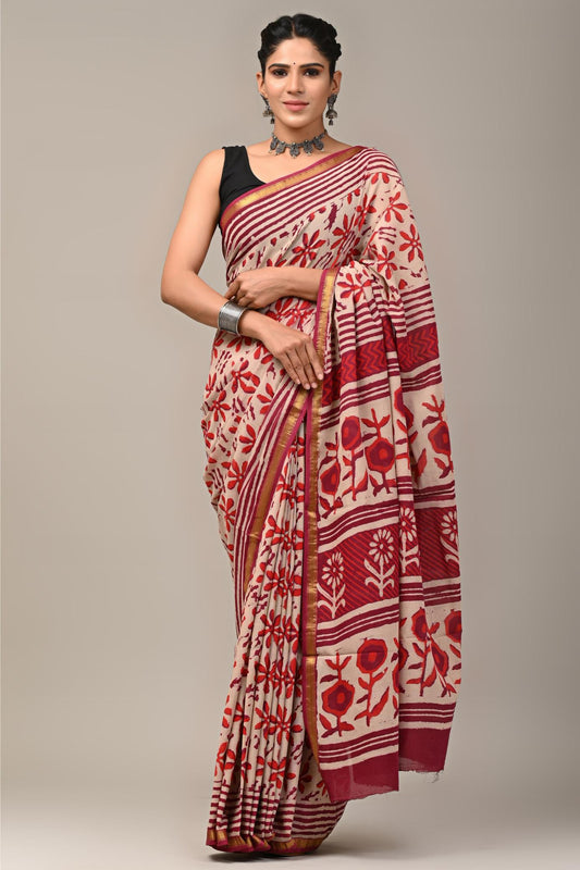 Abstract Gulmohar Flower Mul Mul Cotton Saree zari bordered 