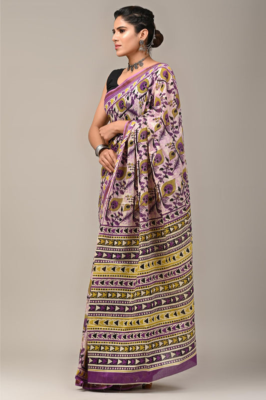 Abstract Peacock Feather block print Mul mul Cotton Saree