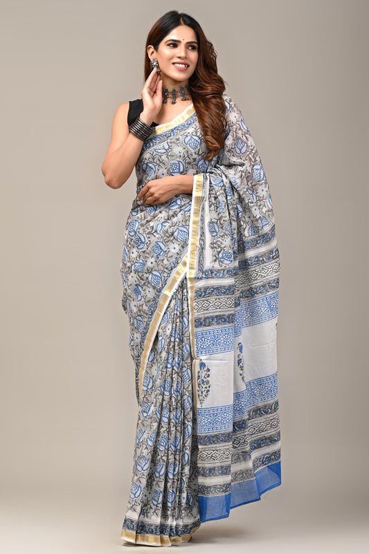 Mul mul Cotton Grey Floral Saree with zari