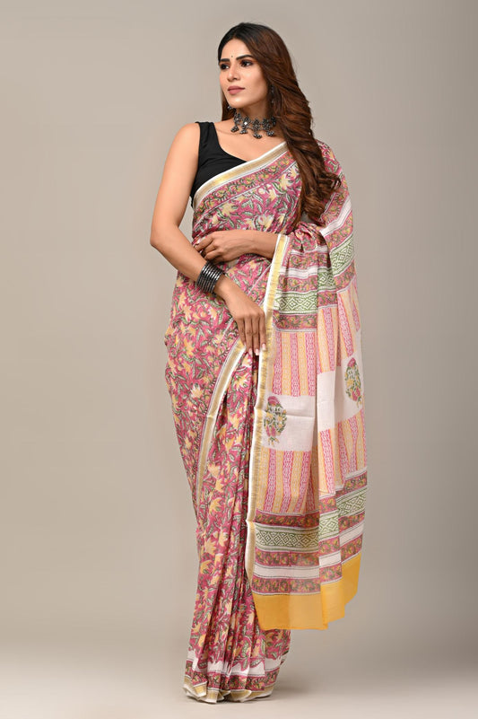 Mul mul Cotton Peach Saree Zari bordered 