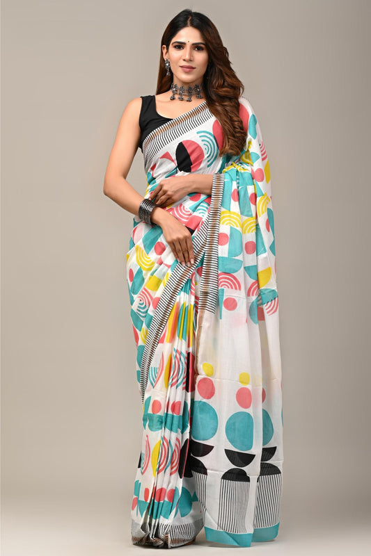 Mul mul Cotton Saree Zari bordered Abstract block prints