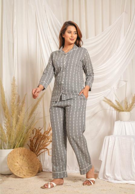 Dove Grey Night Dress front open button down | Coord Set, Mul Cotton Night Suits, Lounge wear, Organic Night dress, Night Dress for women, Front open Night dress