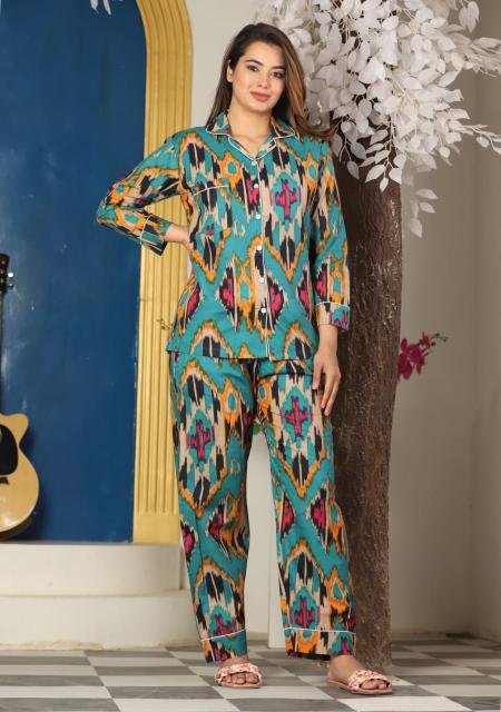 Aztec Turquoise Night Dress front open button down | Coord Set, Mul Cotton Night Suits, Lounge wear, Organic Night dress, Night Dress for women, Front open Night dress