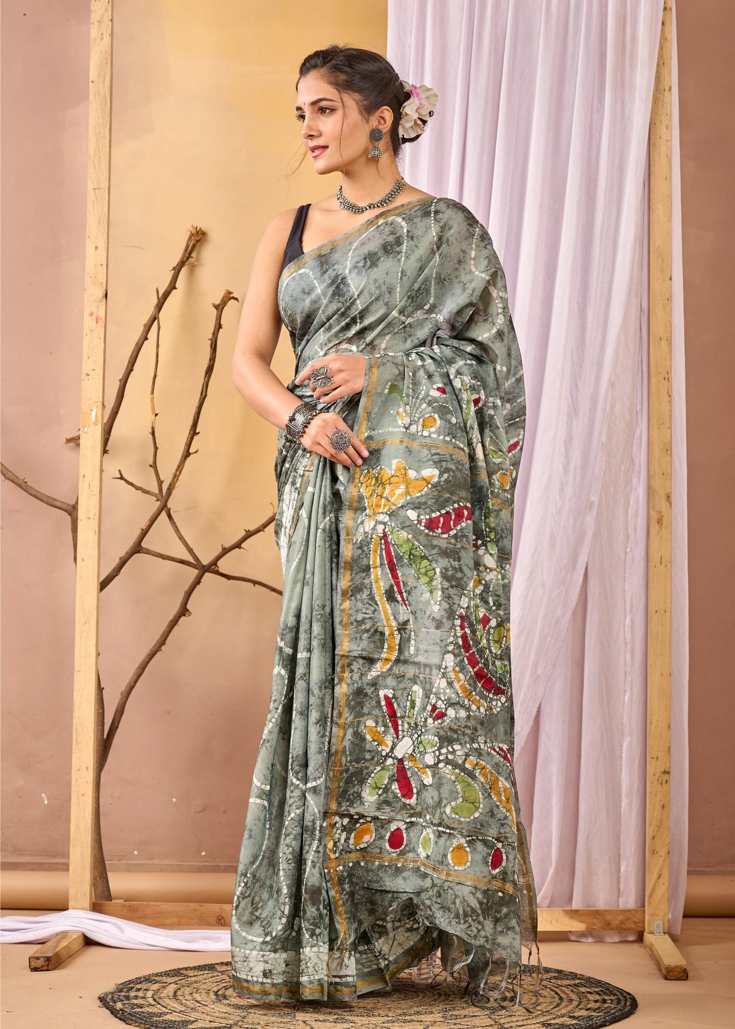 Batik Painting Chanderi Silk Saree, Batik Silk Sarees, Summer Soirèè, Handpainted Batik Sarees, Ranga Chakra, sage green Batik Saree, sarees for women, sage green saree, Pastel green saree