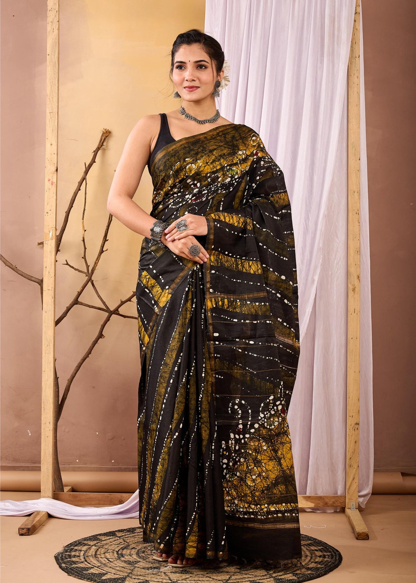 Batik Painting Black Chanderi Silk Saree, Batik Silk Sarees, Summer Soirèè, Handpainted Batik Sarees, Ranga Chakra, Black Batik Saree