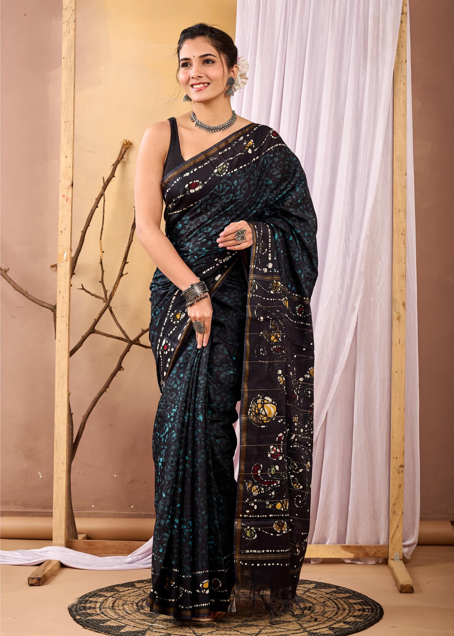 Batik Painting Black Chanderi Silk Saree, Batik Silk Sarees, Summer Soirèè, Handpainted Batik Sarees, Ranga Chakra, Black Batik Saree