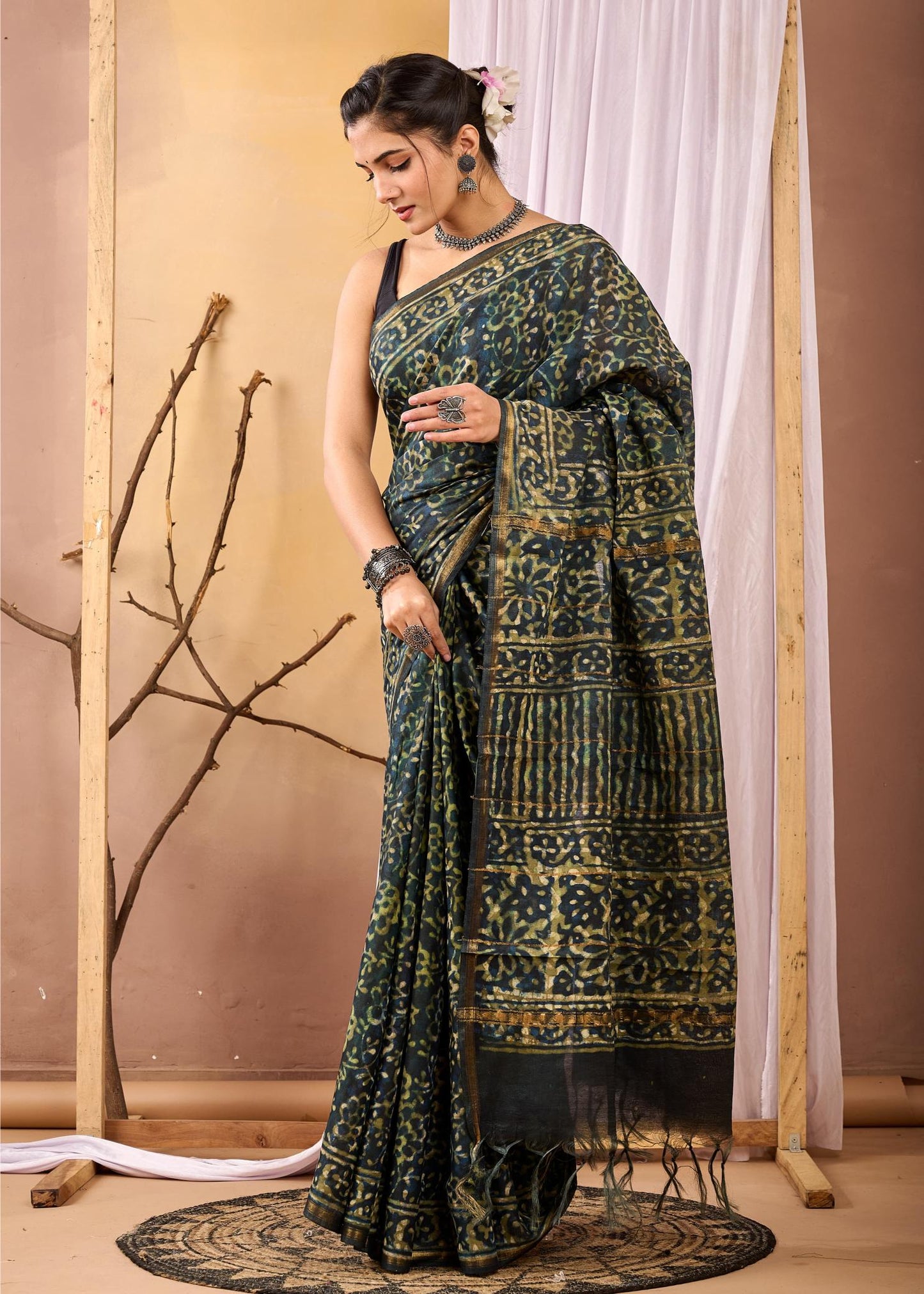 Forrest Green Batik Chanderi silk saree