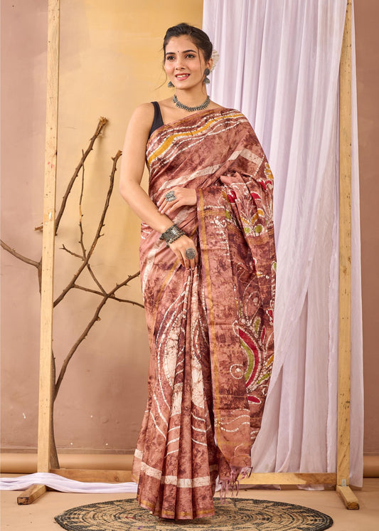 Batik Painting Brown Chanderi Silk Saree, Batik Silk Sarees, Summer Soirèè, Handpainted Batik Sarees, Ranga Chakra,Nude Brown Batik Saree, Sarees for women, Batik Painting sarees