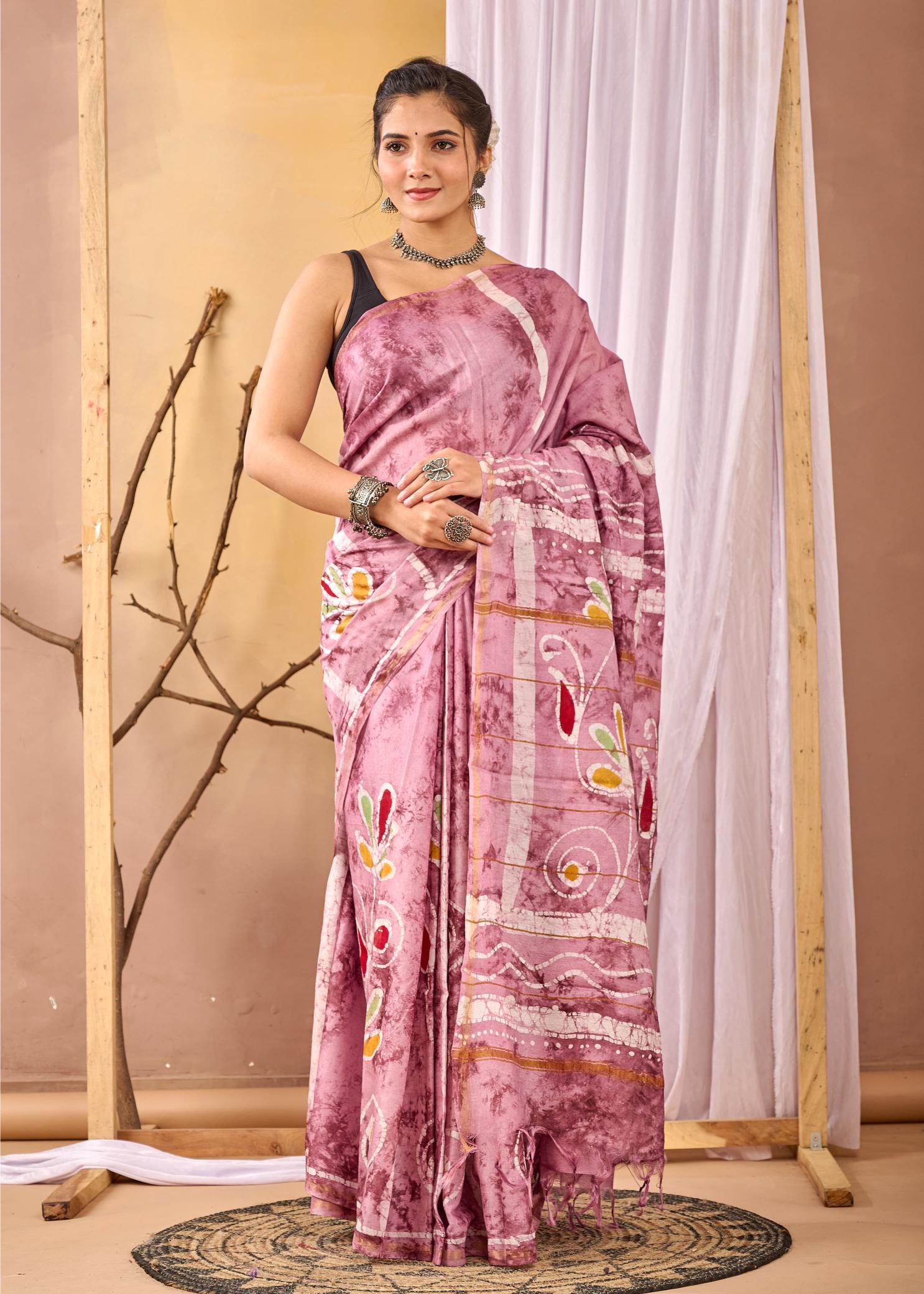 Dusty Rose Batik Painting Chanderi Silk Saree, Batik Silk Sarees, Summer Soirèè, Handpainted Batik Sarees, Ranga Chakra, Dusty Rose Batik Saree, saree for women