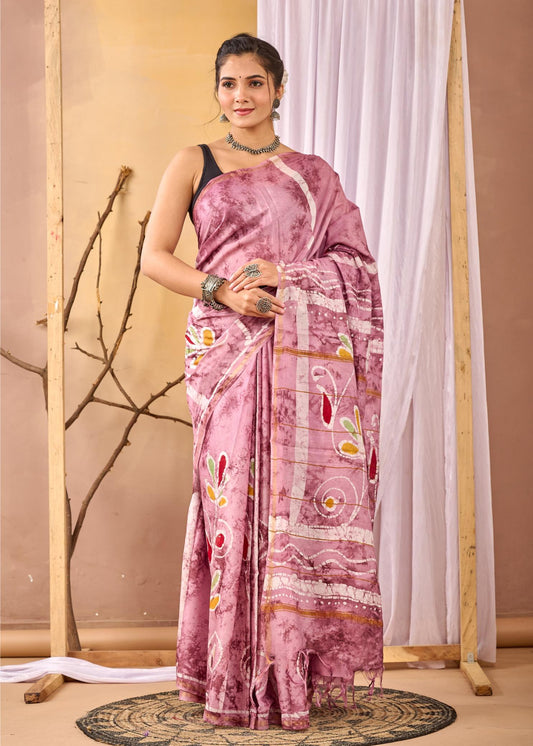 Dusty Rose Batik Painting Chanderi Silk Saree, Batik Silk Sarees, Summer Soirèè, Handpainted Batik Sarees, Ranga Chakra, Dusty Rose Batik Saree, saree for women