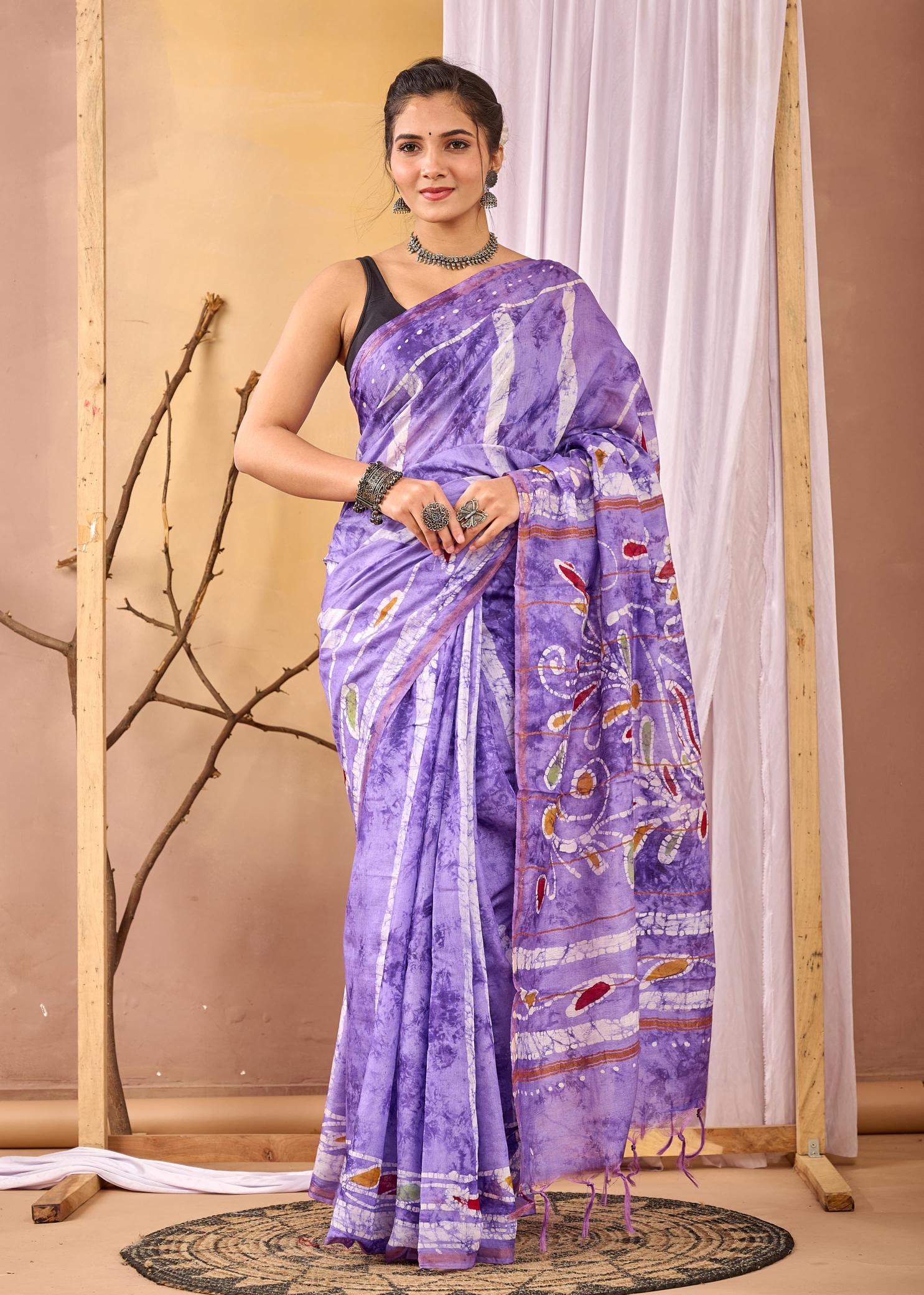 Batik Painting lavender Chanderi Silk Saree, Batik Silk Sarees, Summer Soirèè, Handpainted Batik Sarees, Ranga Chakra, lavender Batik Saree, sarees for women