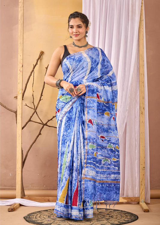 Batik Painting Chanderi Silk Saree, Batik Silk Sarees, Summer Soirèè, Handpainted Batik Sarees, Ranga Chakra, powder Blue Batik Saree, powder Blue saree