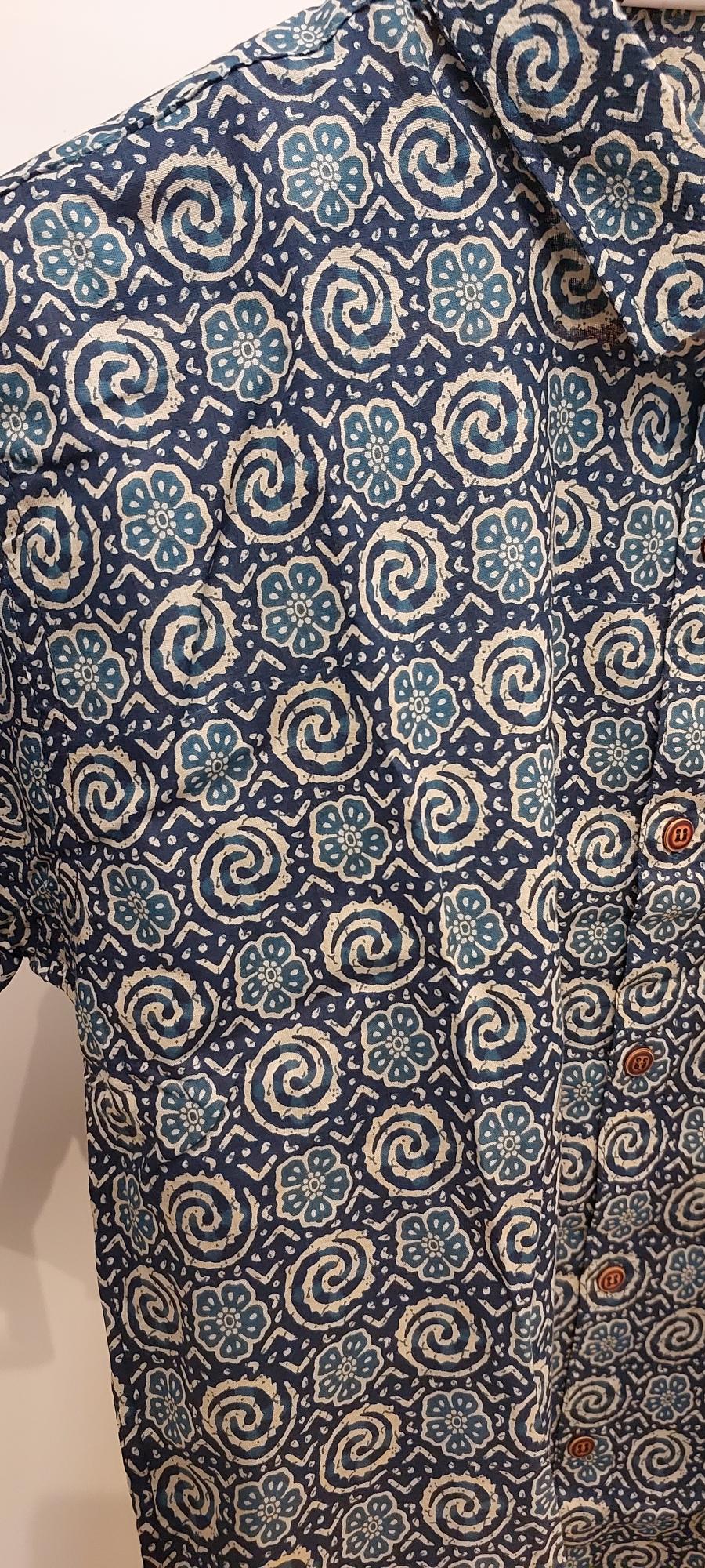 Indigo Cotton Mens Slim fit Shirt, Mul Mul Cotton Mens shirt, Mens Block Printed shirt, Slim Fit Shirts, Beach wear Mens shirt, abstract print mens shirt, flower shirt , lotus print on shirt,  blue  Block print Shirt, Indigo Spiral wave abstract Shirt, Spiral Design shirt, Spiral Wave shirt