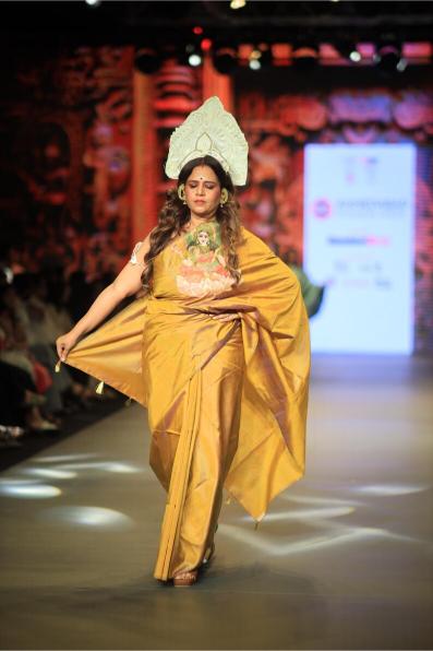 Divine Handpainted Mahalakshmi Golden Pure Silk Saree