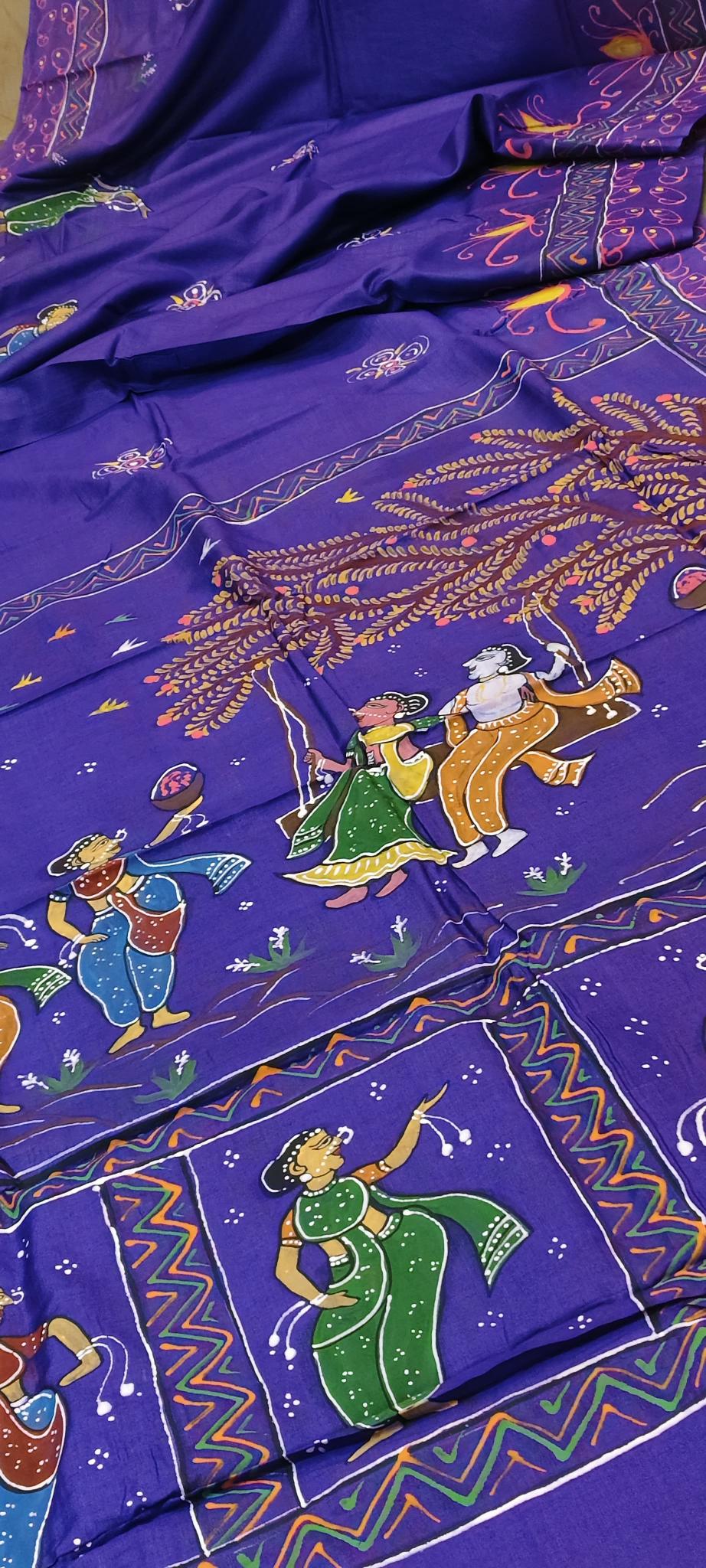 Pattachitra Radha krishna Jhula Concept Silk Saree
