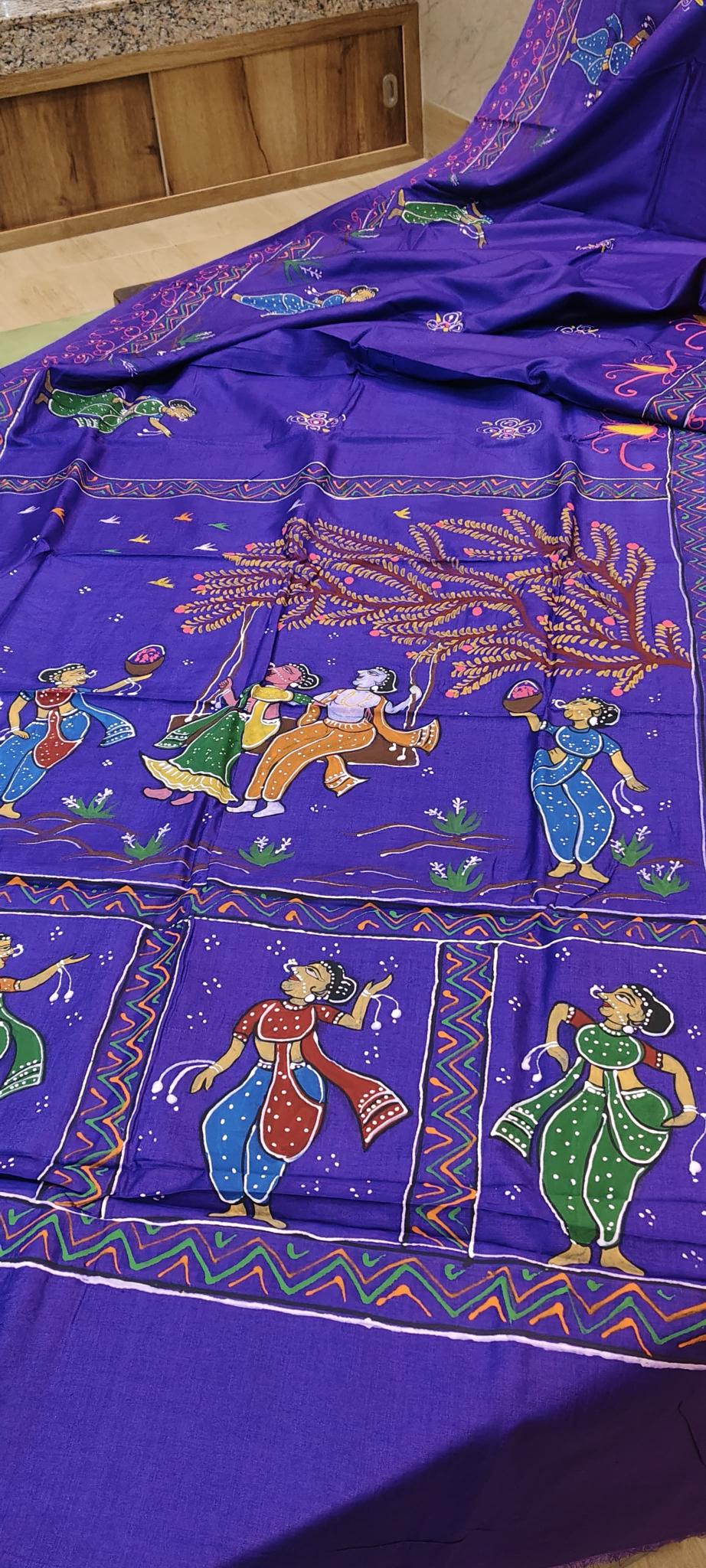 Pattachitra Radha krishna Jhula Concept Silk Saree