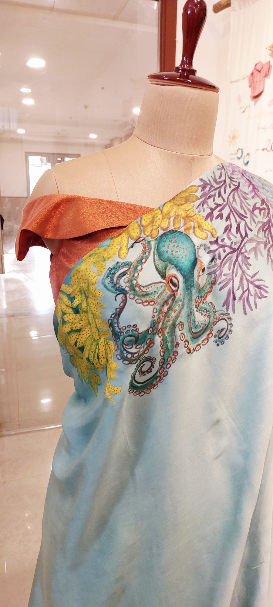 Hand-Painted Deep Sea Symphony , Vegan Silk Saree