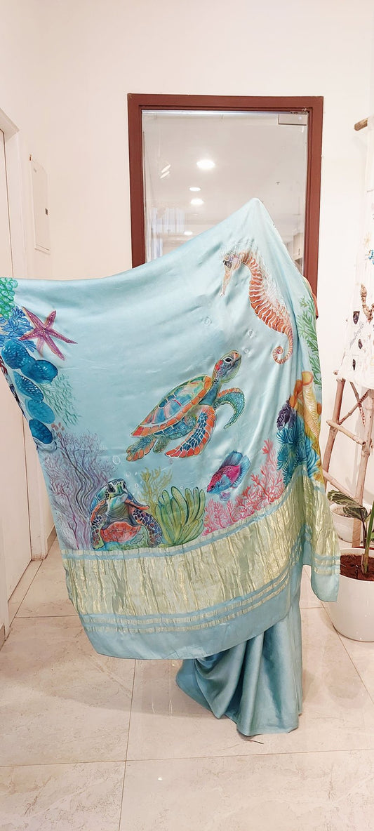 Hand-Painted Deep Sea Symphony , Vegan Silk Saree