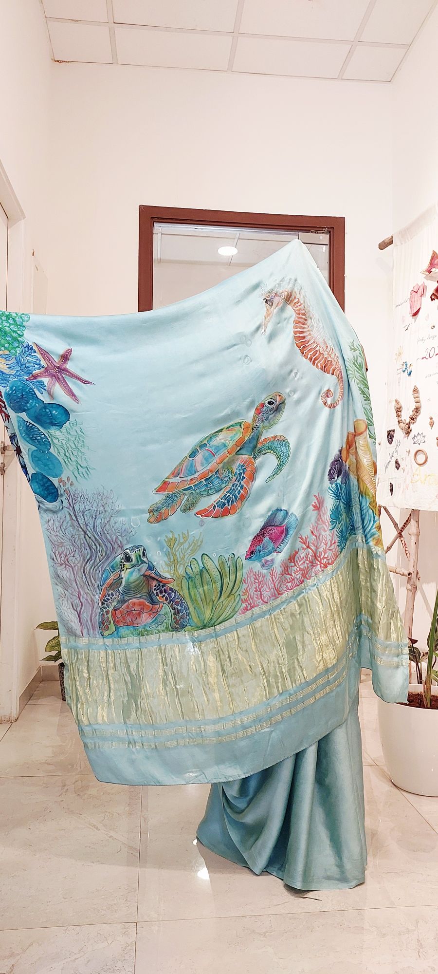 Hand-Painted Deep Sea Symphony , Vegan Silk Saree