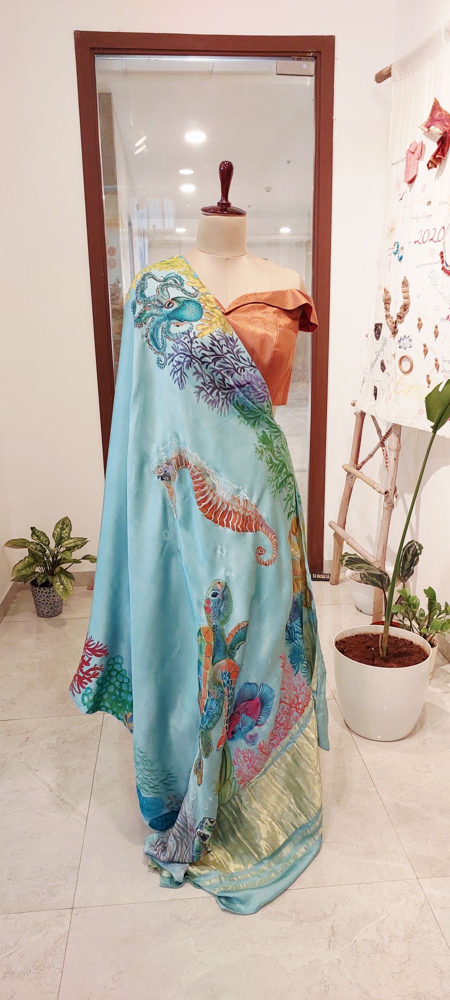 Hand-Painted Deep Sea Symphony , Vegan Silk Saree
