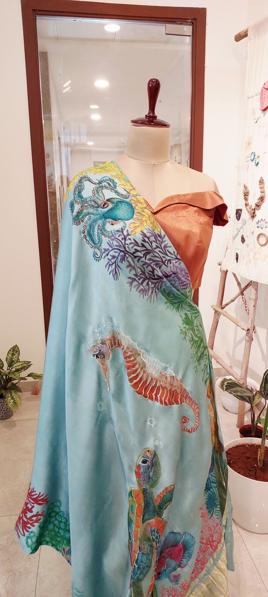 Hand-Painted Deep Sea Symphony , Vegan Silk Saree
