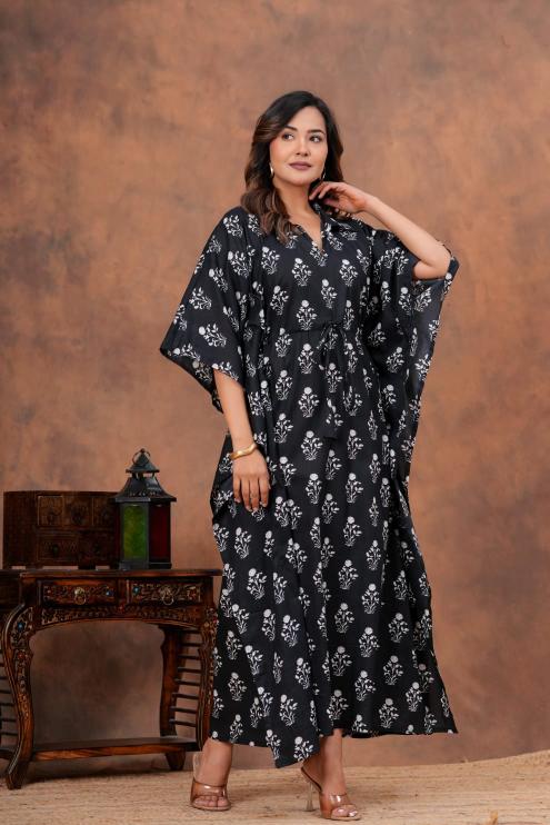 Black Mul Mul Cotton collared Kaftan