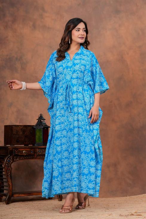 Sky blue cotton collared long Kaftan