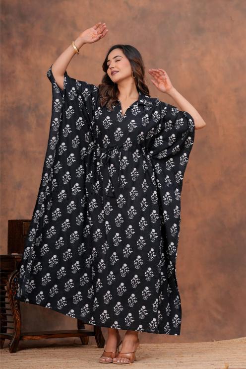 Black Mul Mul Cotton collared Kaftan