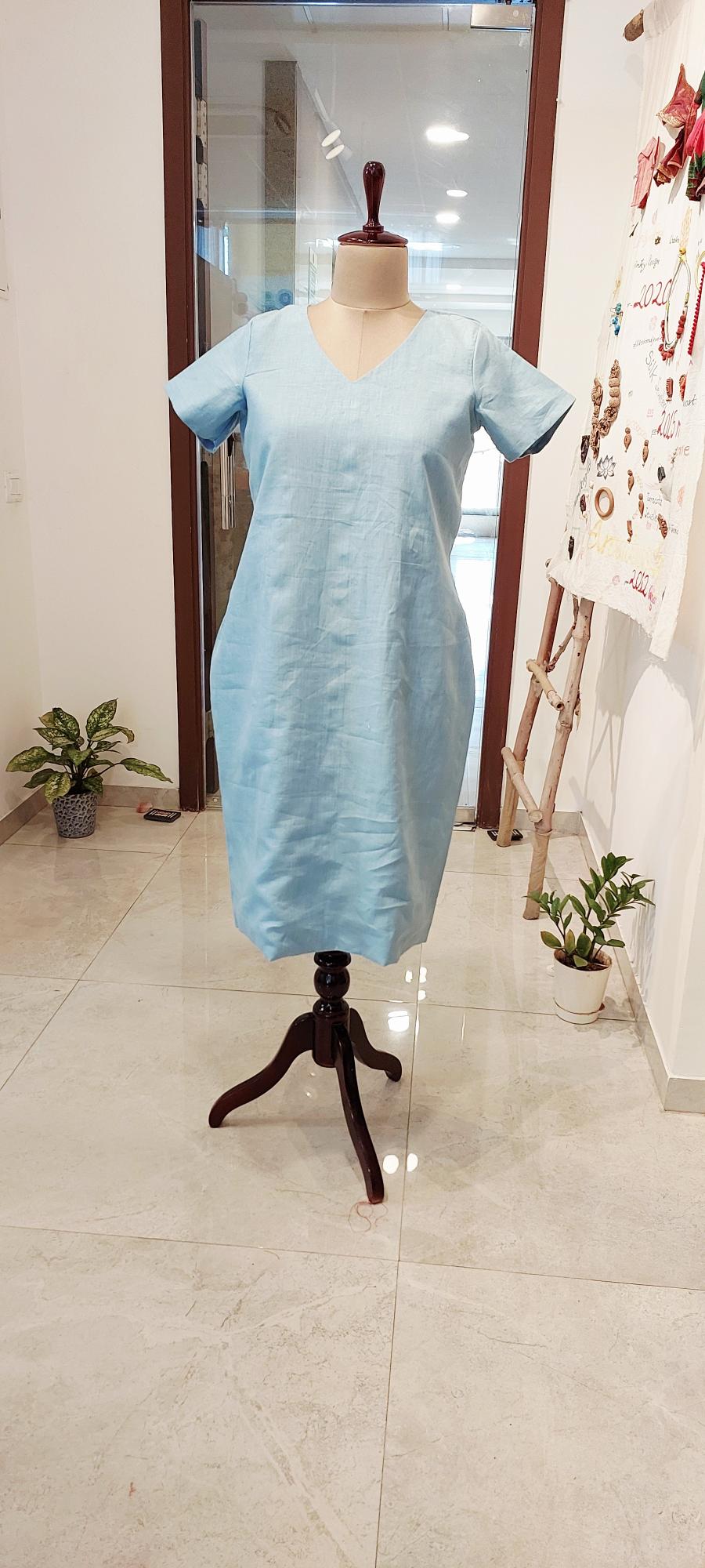 Effortless Sky Blue Linen dress- Sustainable V-Neck A-Line for Beach & Brunch