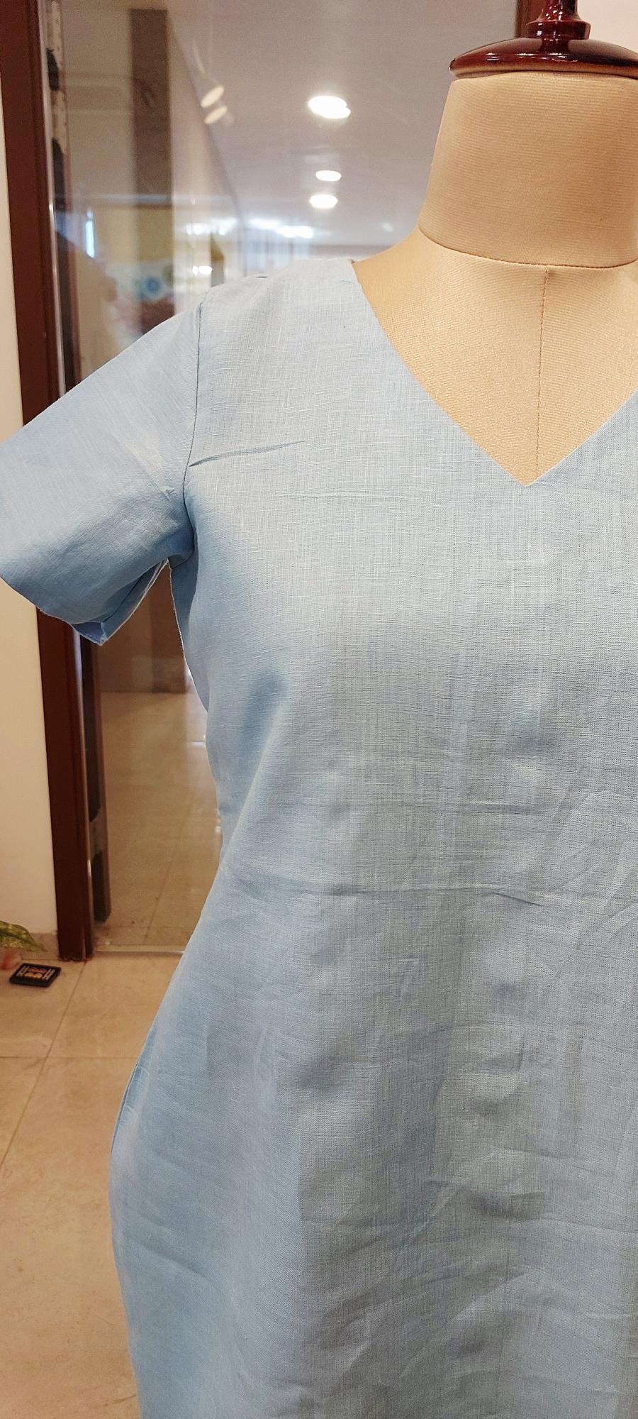 Effortless Sky Blue Linen dress- Sustainable V-Neck A-Line for Beach & Brunch