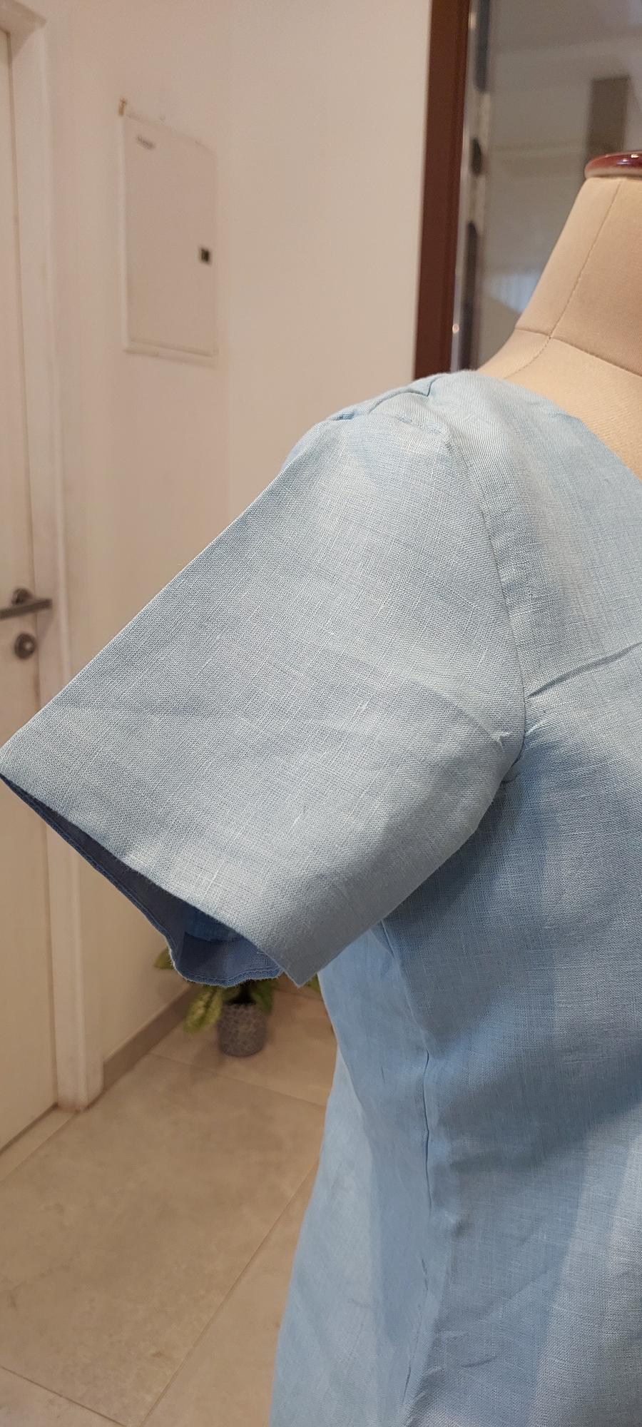 Effortless Sky Blue Linen dress- Sustainable V-Neck A-Line for Beach & Brunch