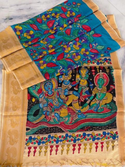Lord Vishnu Handpainted Silk Saree