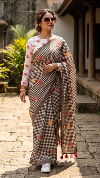 Pastel Gingham Linen Saree- Summer Floral Checks Ranga Chakra