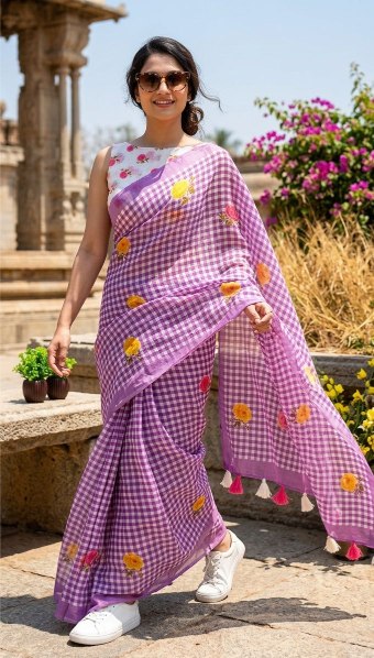 Purple Gingham Linen Saree- Summer Floral Checks Ranga Chakra