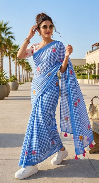 Cool Breezy Gingham Linen Saree- Summer Floral Checks Ranga Chakra