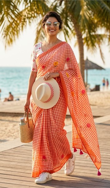 Salmon Gingham Linen Saree- Summer Floral Checks Ranga Chakra