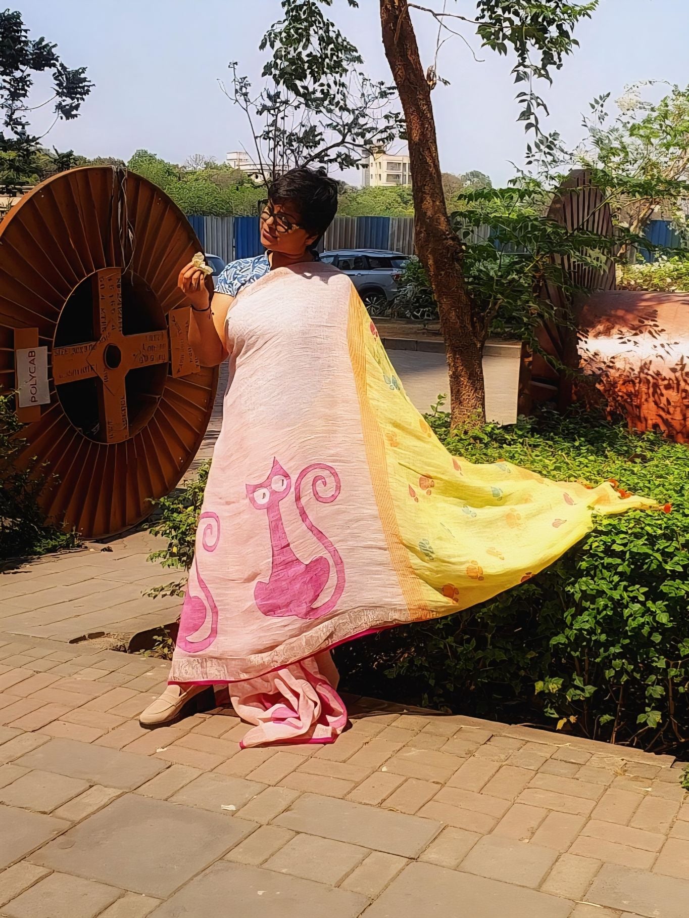 Quirky Cat Linen Jamdani Saree