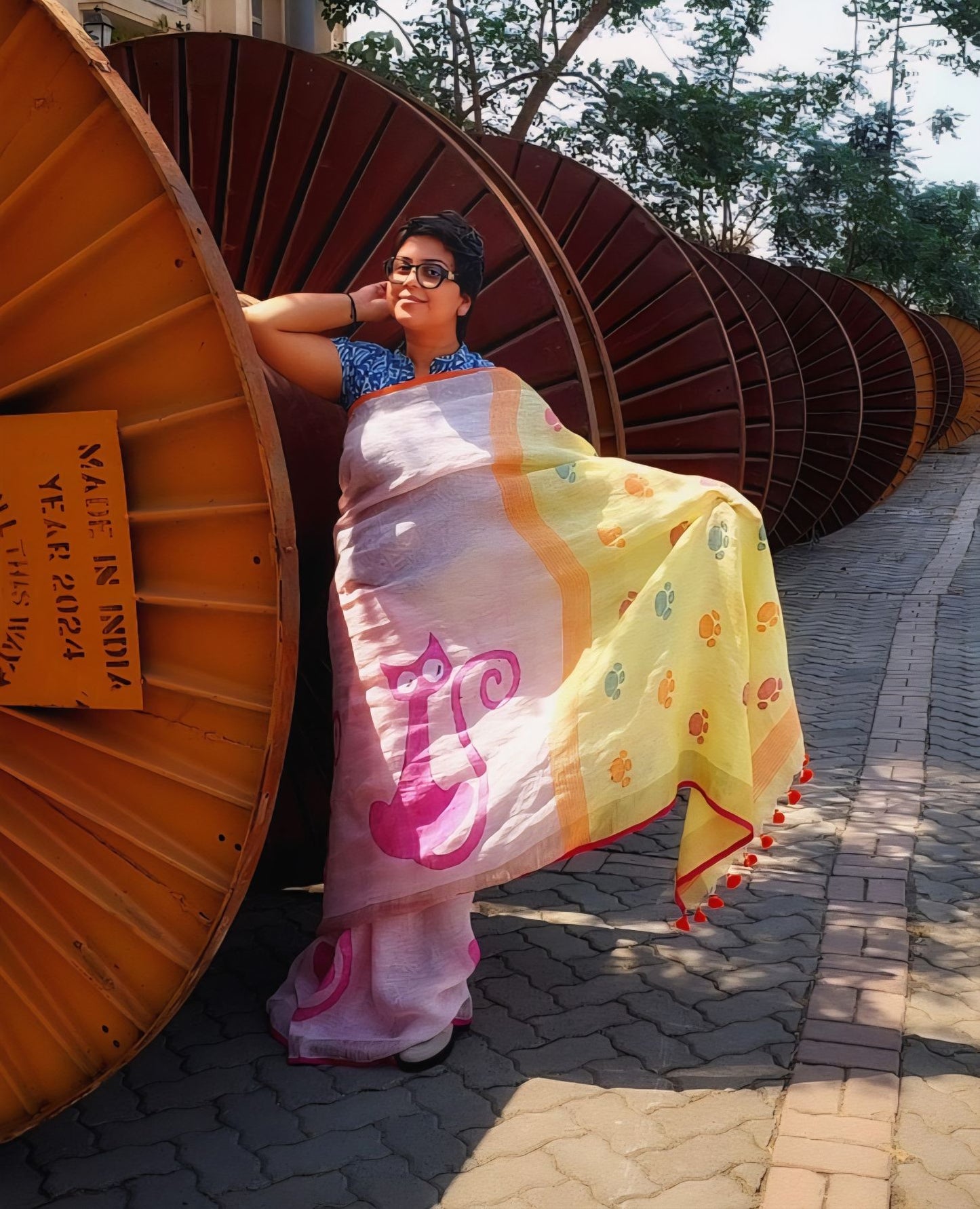 Quirky Cat Linen Jamdani Saree