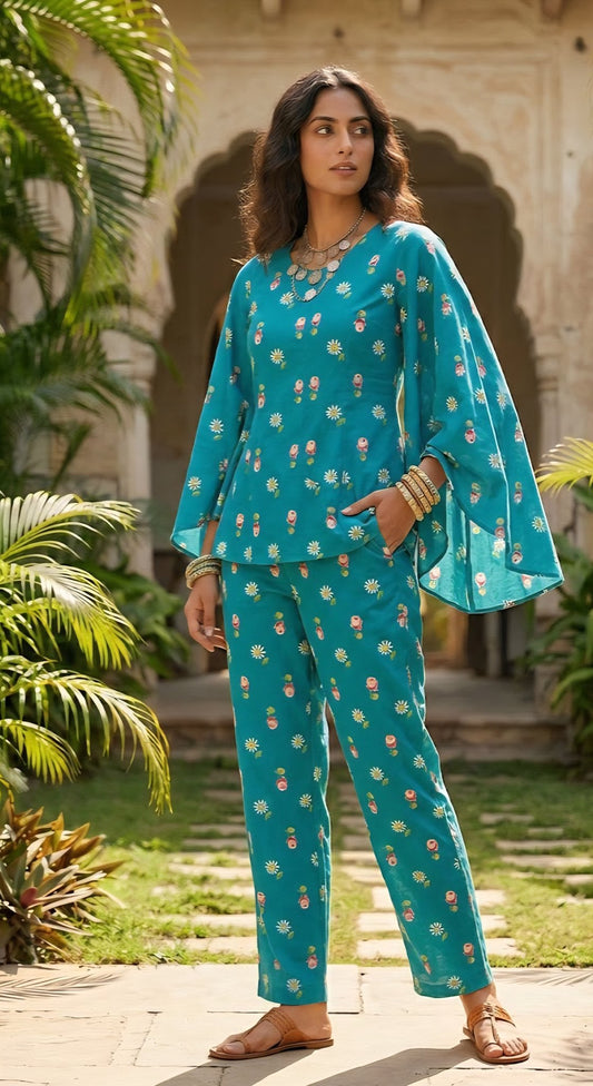Turquoise Co-ord Set - Bell sleeves tunic and straight fit trouser