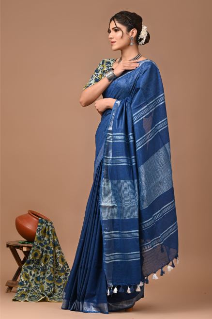 Midnight Blue Linen Cotton Saree