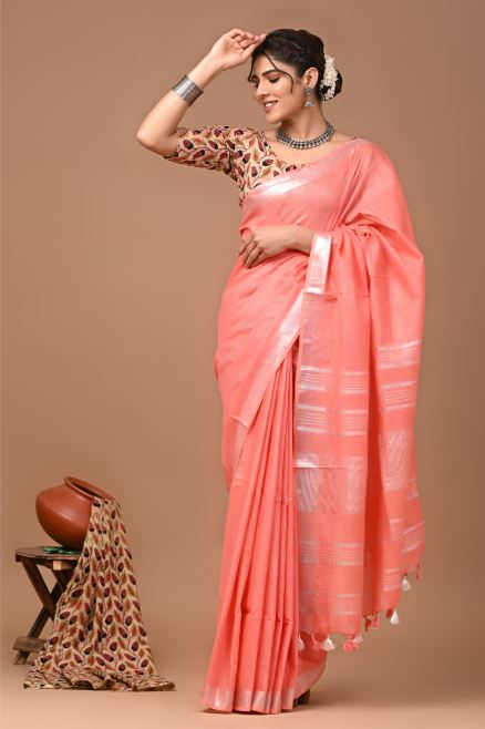 Peach Linen Saree