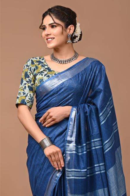 Midnight Blue Linen Cotton Saree