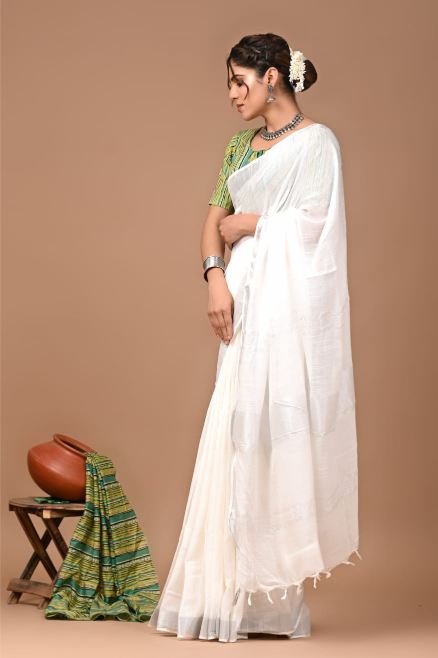 Milky White Linen Saree