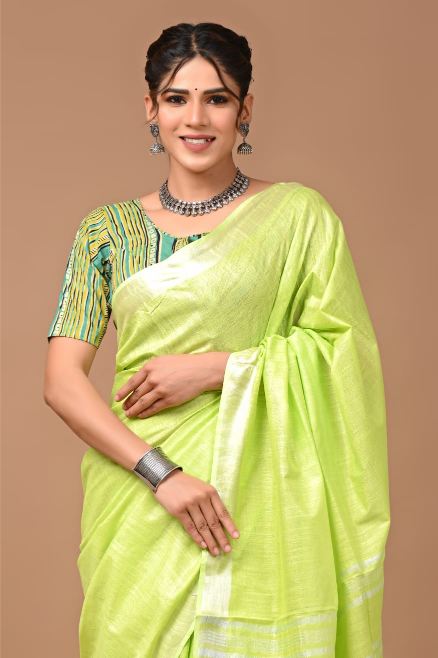 Neon Green linen saree