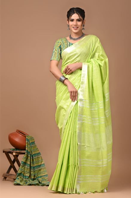 Neon Green linen saree