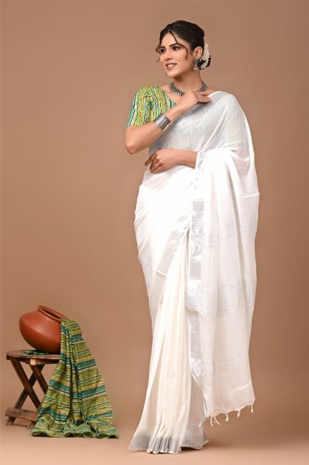 Milky White Linen Saree