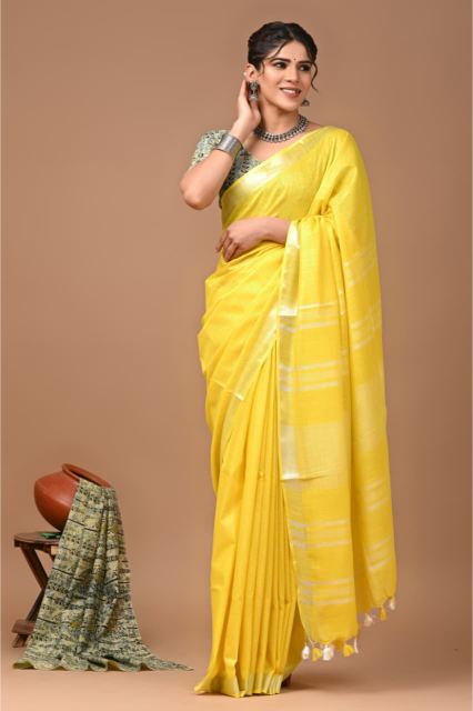Lemon Yellow Linen saree