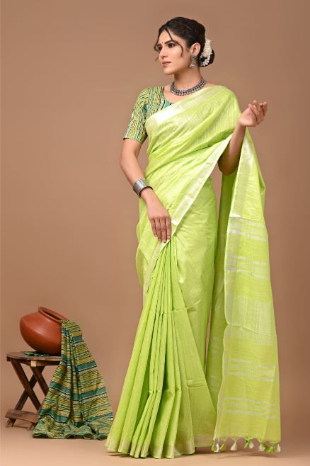 Neon Green linen saree
